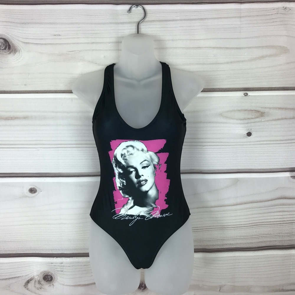 Marilyn Monroe Swimsuit Womens Small Black Graphic One Piece Padded Racerback